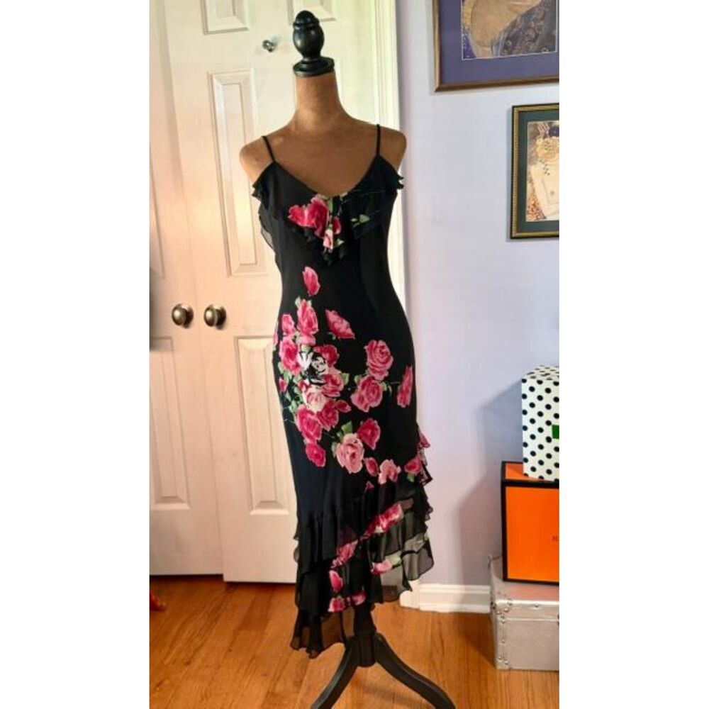 Vintage Sue Wong Size 8 Black Pink Rose Floral High-Low Evening Dress Y2K - Picture 4 of 11
